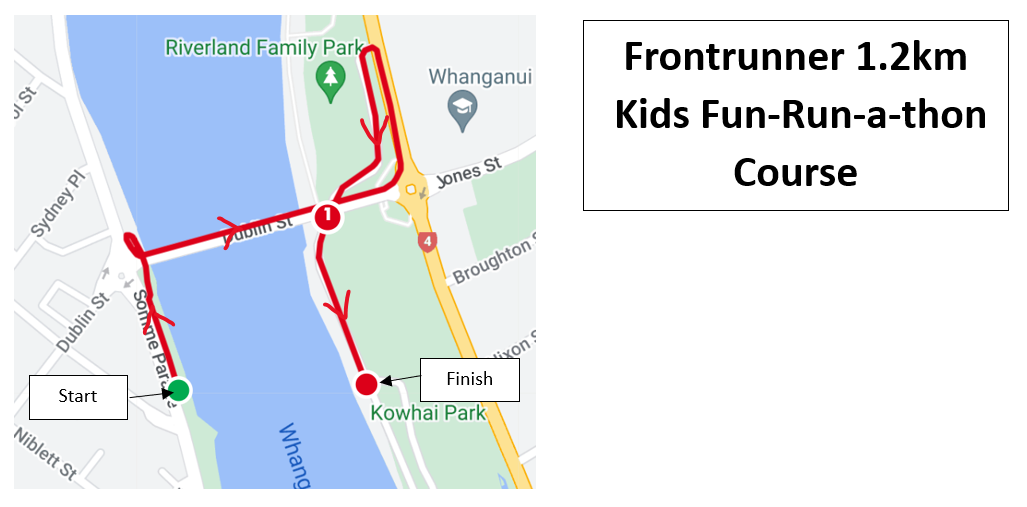 Course starts across the road from WVS, goes across the bridge, then a small loop is done near Riverland Family Park, before finishing at Kowhai Park.